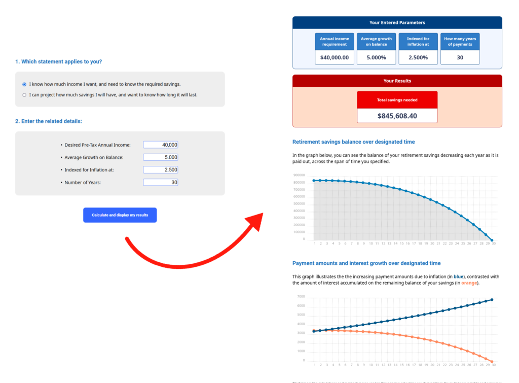 Screenshot of the Retirement Funding Calculator